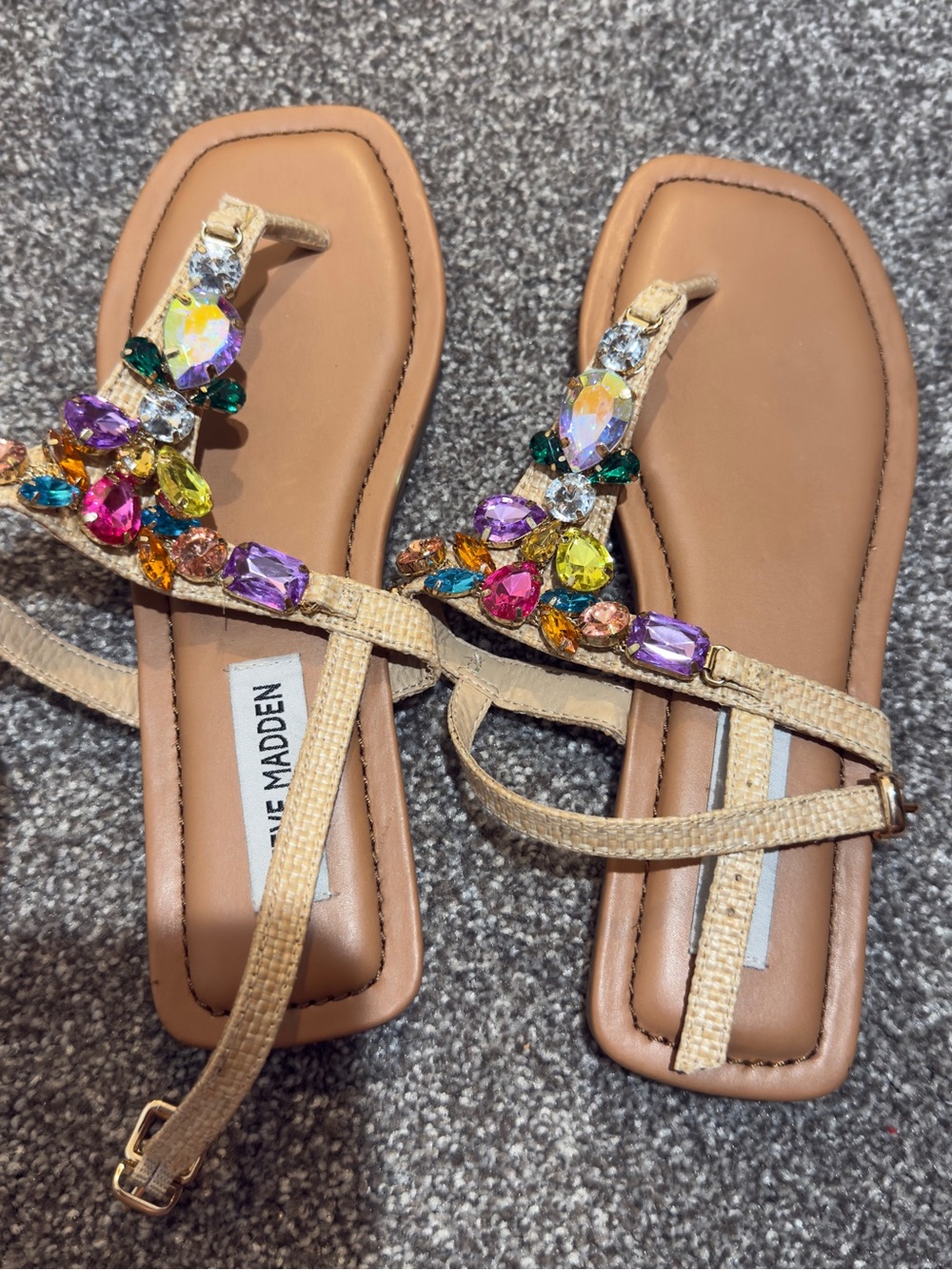 Steve Madden Gold T-Strap Sandals with Multicolor Gem Accents